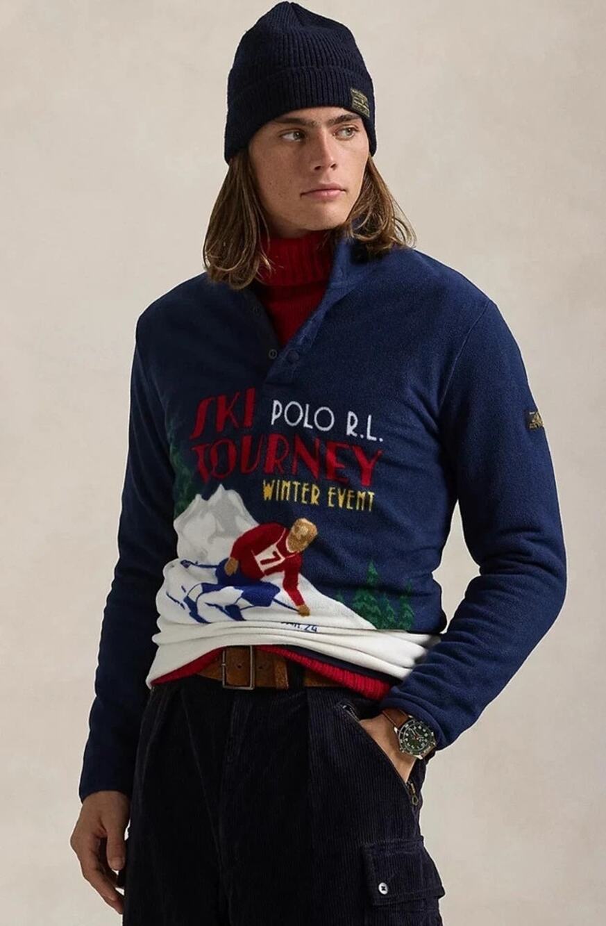 NWT Polo Ralph Lauren Navy RL SKI TOURNEY PRINT Fleece 1/4 Snap Pullover